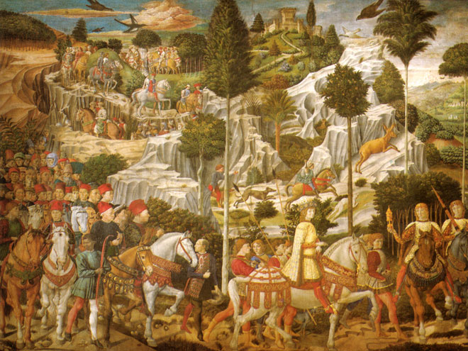 Processione con Lorenzo de' Medici, Piero de' Medici e Giovanni de' Medici. Affresco di Benozzo Gozzoli nella "Cappella dei Magi" a Palazzo Medici Riccardi a Firenze