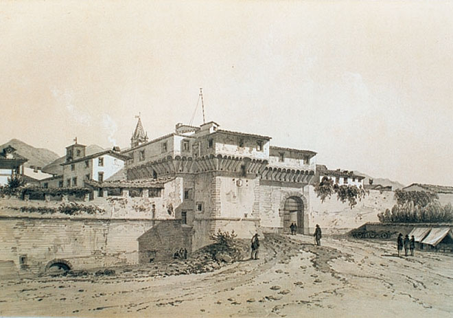 Rocchetta Arrighina e Porta Pisana a Pietrasanta in una stampa del XIX secolo