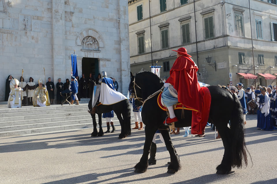 Alcuni momenti della rappresentazione storica della proclamazione del Lodo di Papa Leone X nella piazza del Duomo di Pietrasanta: i cavalli (©Emma Leonardi)
