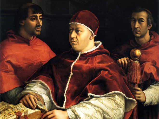 Papa Leone X ritratto con i cugini (i cardinali Giulio de' Medici e Luigi de' Rossi) in un dipinto di Raffaello Sanzio